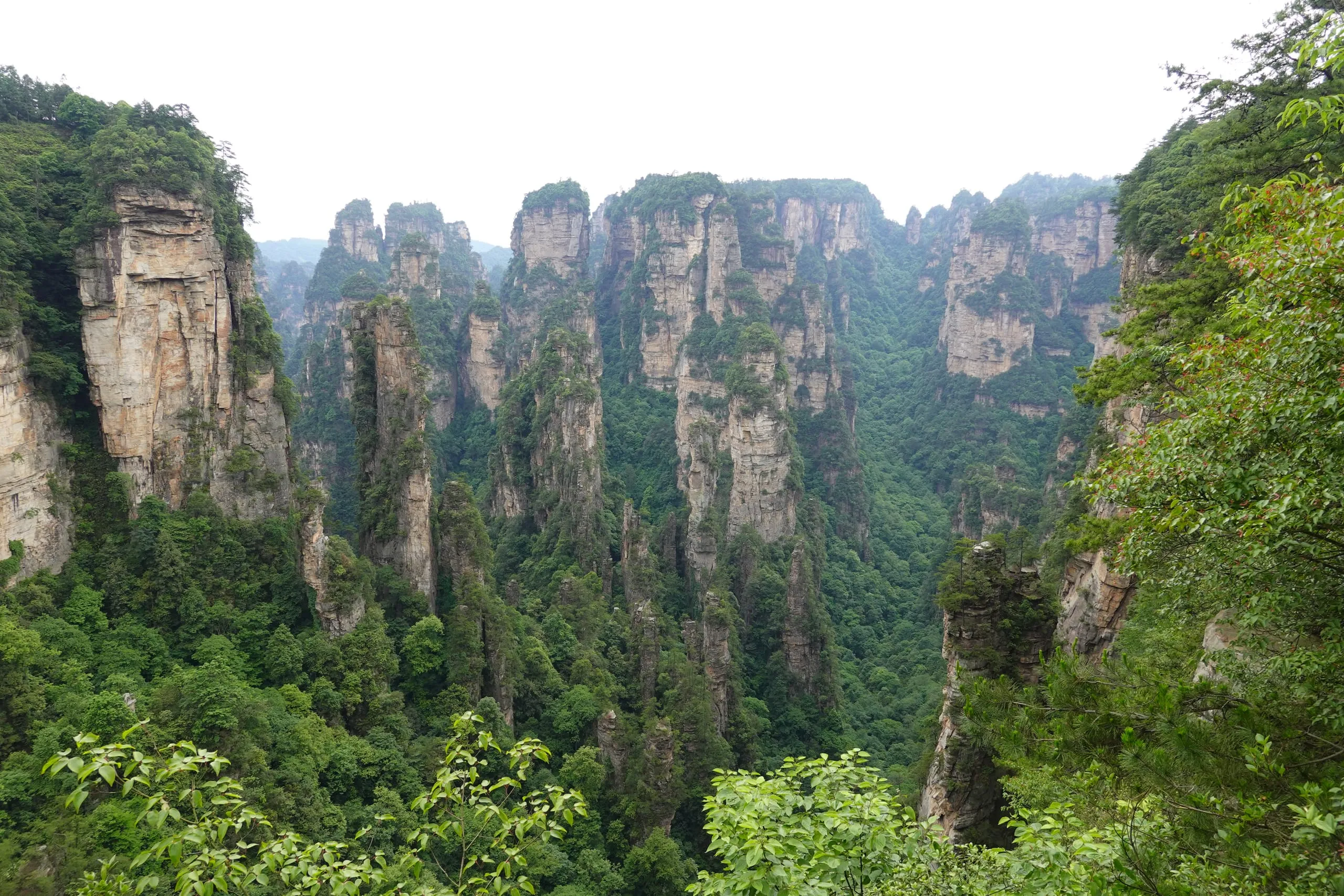 Winding mountain road through forested peaks at dusk, China